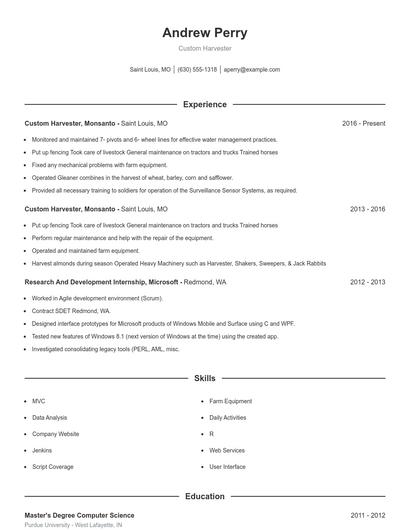 Custom Harvester Resume