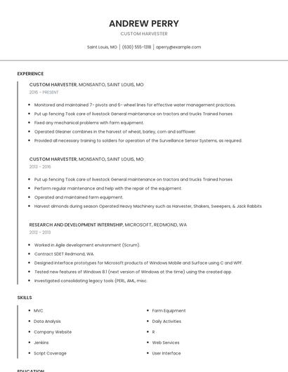 Custom Harvester Resume