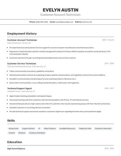 Customer Account Technician Resume