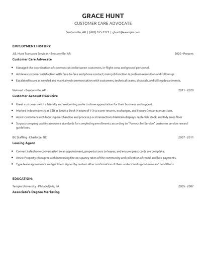 Customer Care Advocate Resume