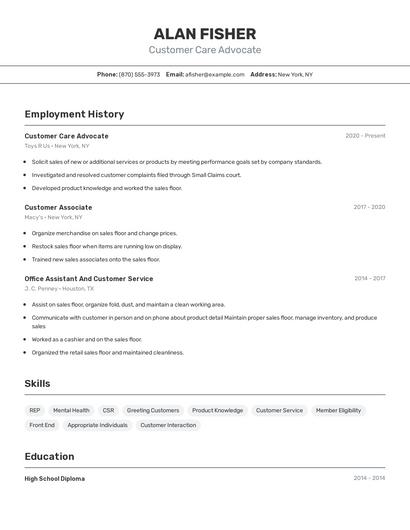 Customer Care Advocate Resume