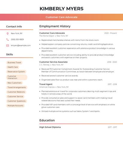 Customer Care Advocate Resume