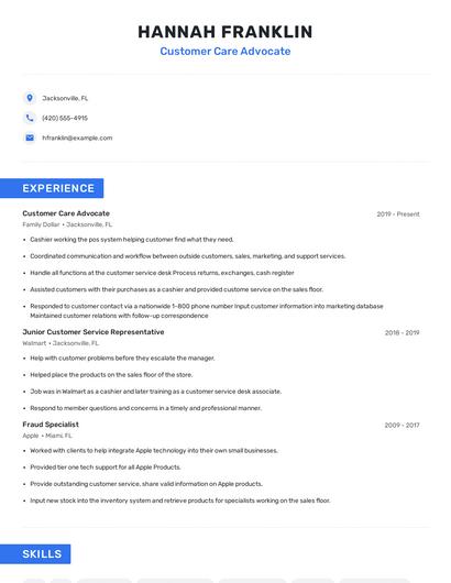 Customer Care Advocate Resume