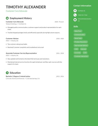 Customer Care Advocate Resume