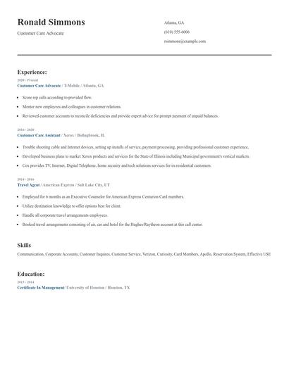 Customer Care Advocate Resume