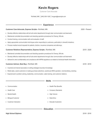 Customer Care Advocate Resume
