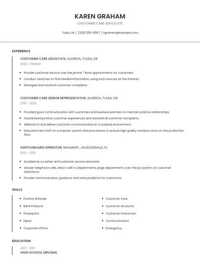 Customer Care Advocate Resume