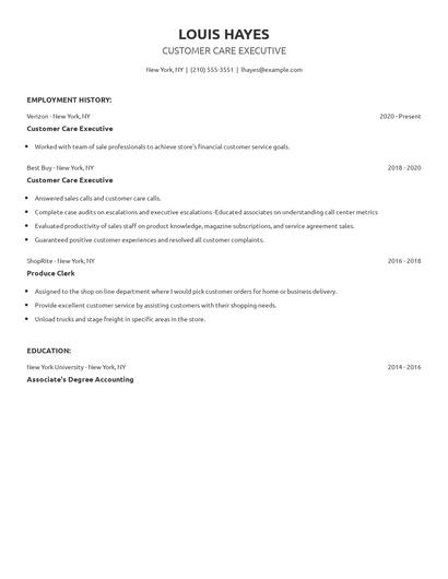 Customer Care Executive Resume