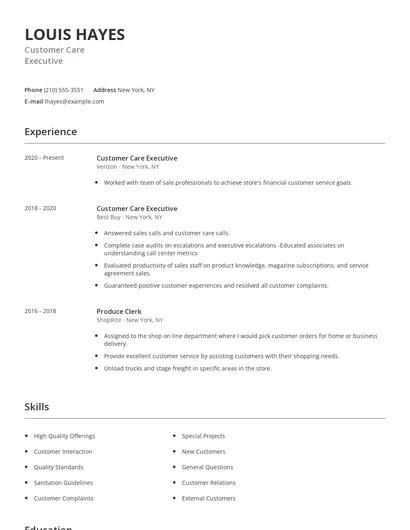 Customer Care Executive Resume