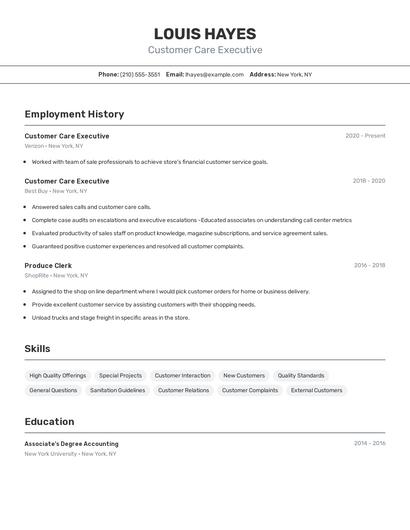 Customer Care Executive Resume