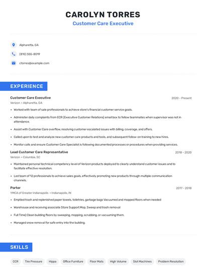 Customer Care Executive Resume
