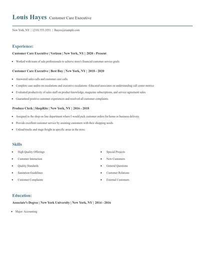 Customer Care Executive Resume