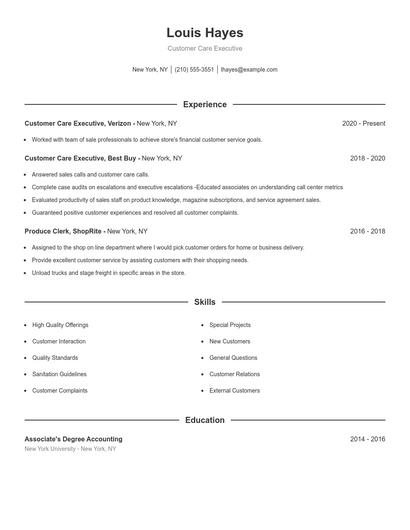Customer Care Executive Resume