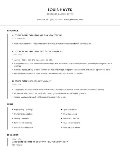 Customer Care Executive Resume