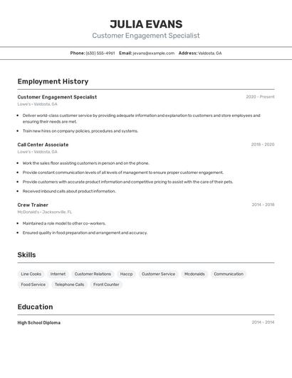 Customer Engagement Specialist Resume
