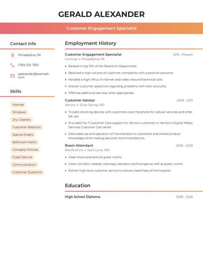 Customer Engagement Specialist Resume
