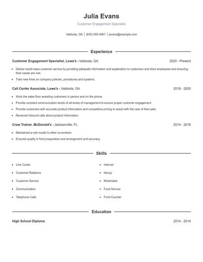Customer Engagement Specialist Resume