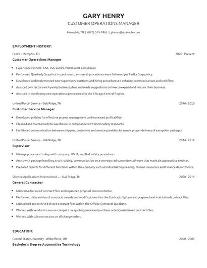 Customer Operations Manager Resume