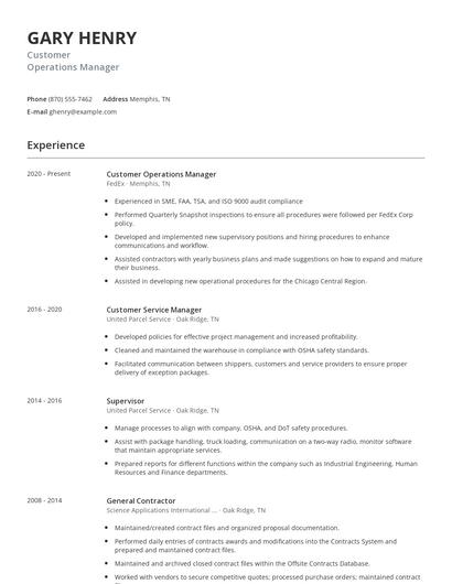 Customer Operations Manager Resume