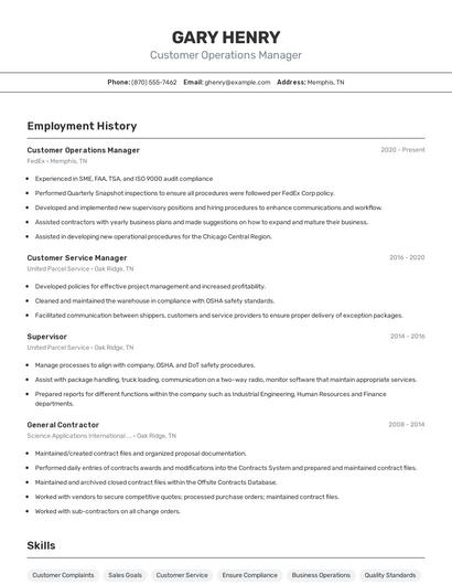 Customer Operations Manager Resume