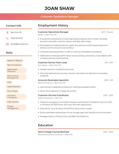 Customer Operations Manager Resume