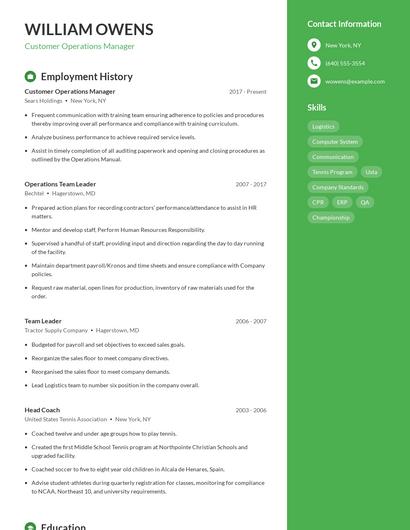 Customer Operations Manager Resume