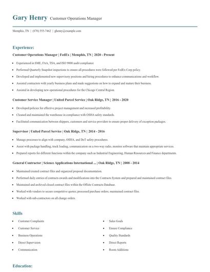 Customer Operations Manager Resume