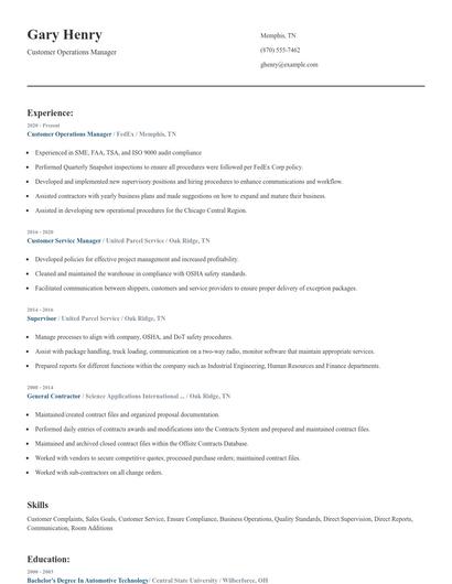 Customer Operations Manager Resume