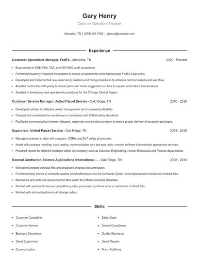 Customer Operations Manager Resume