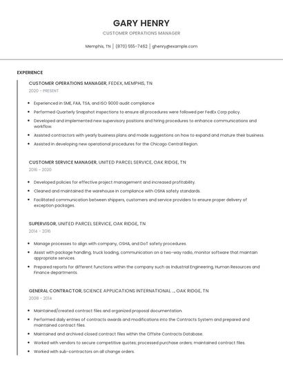 Customer Operations Manager Resume