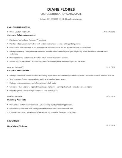 Customer Relations Associate Resume