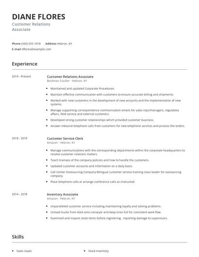 Customer Relations Associate Resume