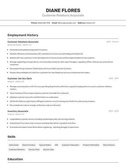 Customer Relations Associate Resume