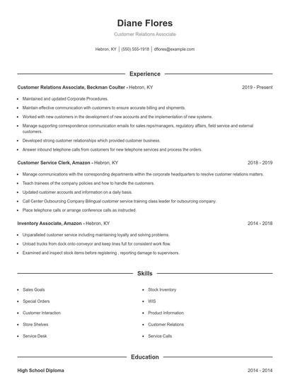 Customer Relations Associate Resume