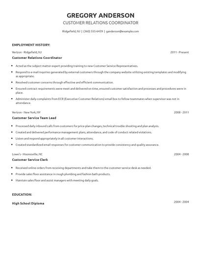 Customer Relations Coordinator Resume