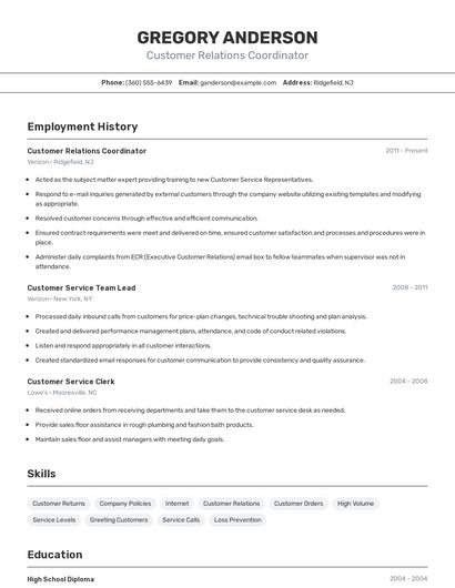 Customer Relations Coordinator Resume