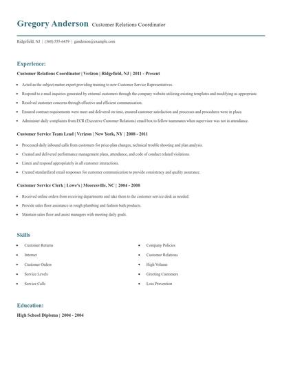Customer Relations Coordinator Resume