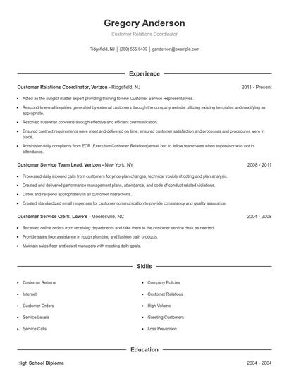 Customer Relations Coordinator Resume