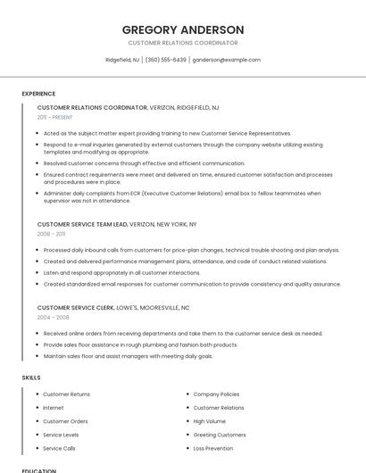 Customer Relations Coordinator Resume
