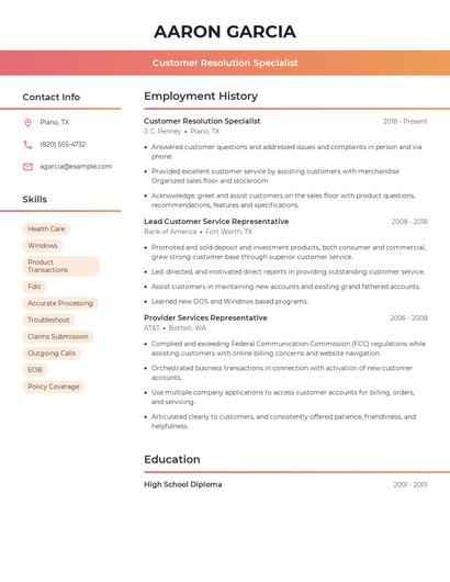 Customer Resolution Specialist Resume