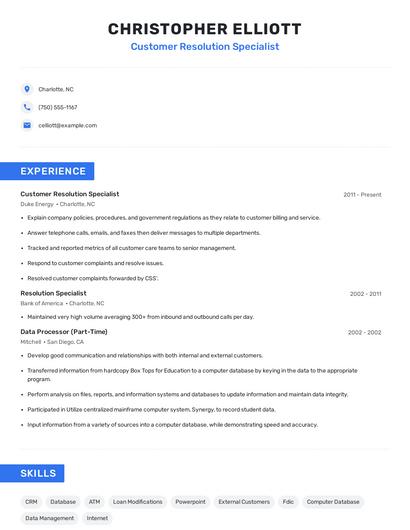 Customer Resolution Specialist Resume