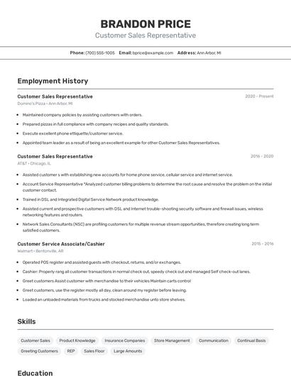 Customer Sales Representative Resume