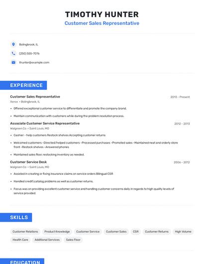 Customer Sales Representative Resume
