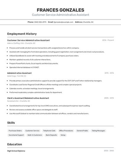 Customer Service Administrative Assistant Resume