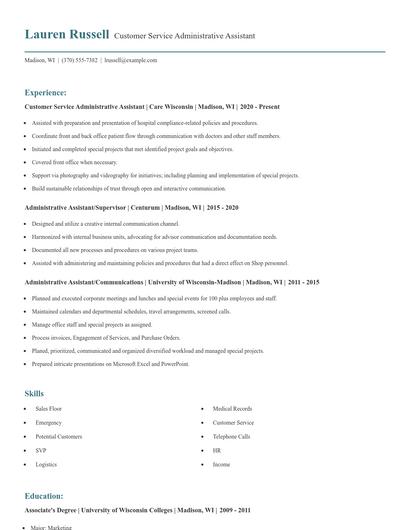 Customer Service Administrative Assistant Resume
