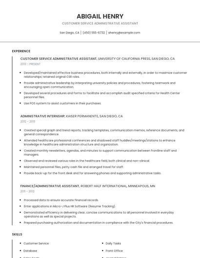 Customer Service Administrative Assistant Resume