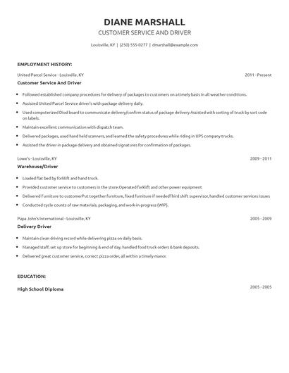 Customer Service And Driver Resume