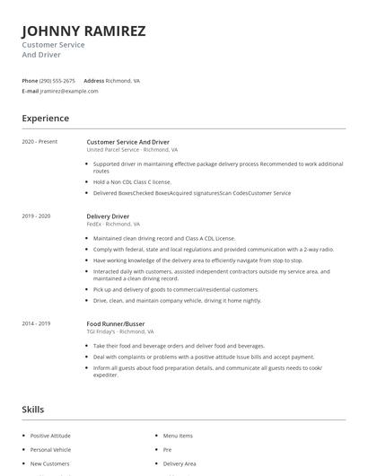 Customer Service And Driver Resume