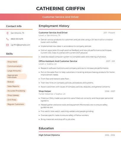 Customer Service And Driver Resume