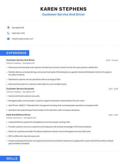 Customer Service And Driver Resume